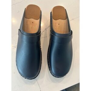 Troentorp Clogs Navy Leather Da Vinci Wood Sole Swedish Mules 39